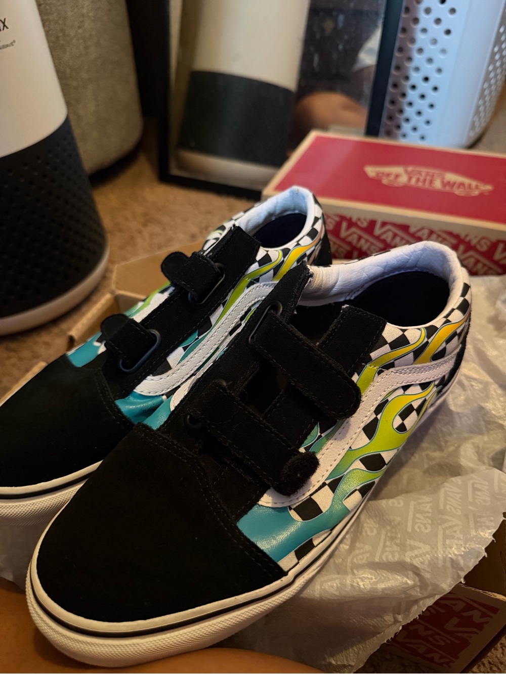Vans Kids Old Skool Velcro Sneakers - Black/Teal/Green/Yellow